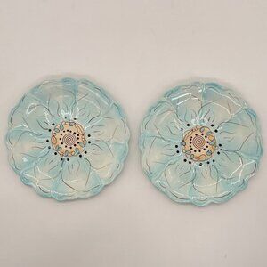 Two Pier 1 Cassidy Salad Dessert Plates Blue With Crème (Cream)‎ Flower 7.5"